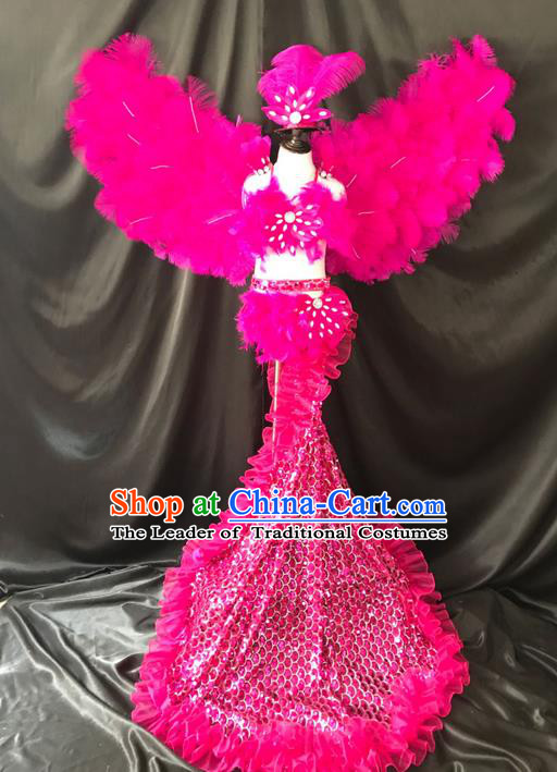 Top Compere Performance Catwalks Costume Children Chorus Red Dress with Wings Modern Dance Princess Short Red Bubble Dress for Girls Kids