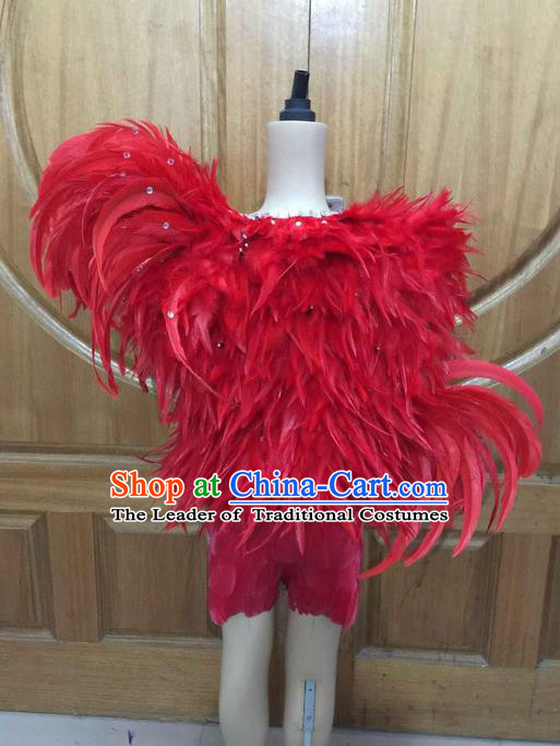 Top Compere Performance Catwalks Costume Children Chorus Red Dress with Wings Modern Dance Princess Short Red Bubble Dress for Girls Kids