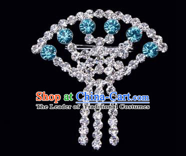 Chinese Ancient Peking Opera Jewelry Accessories Young Lady Diva Sector Brooch Collar Button, Traditional Chinese Beijing Opera Hua Tan Blue Crystal Breastpin