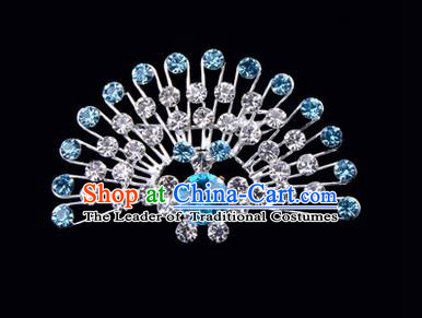 Chinese Ancient Peking Opera Jewelry Accessories Young Lady Diva Peacock Brooch Collar Button, Traditional Chinese Beijing Opera Hua Tan Blue Crystal Breastpin