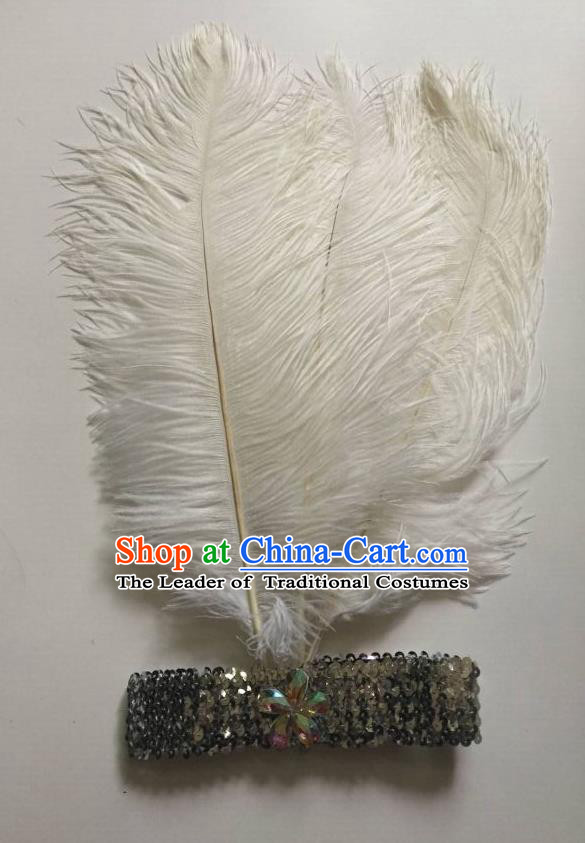 Top Grade Professional Stage Show Halloween Parade White Ostrich Feather Hair Accessories, Brazilian Rio Carnival Samba Dance Modern Fancywork Headwear for Women