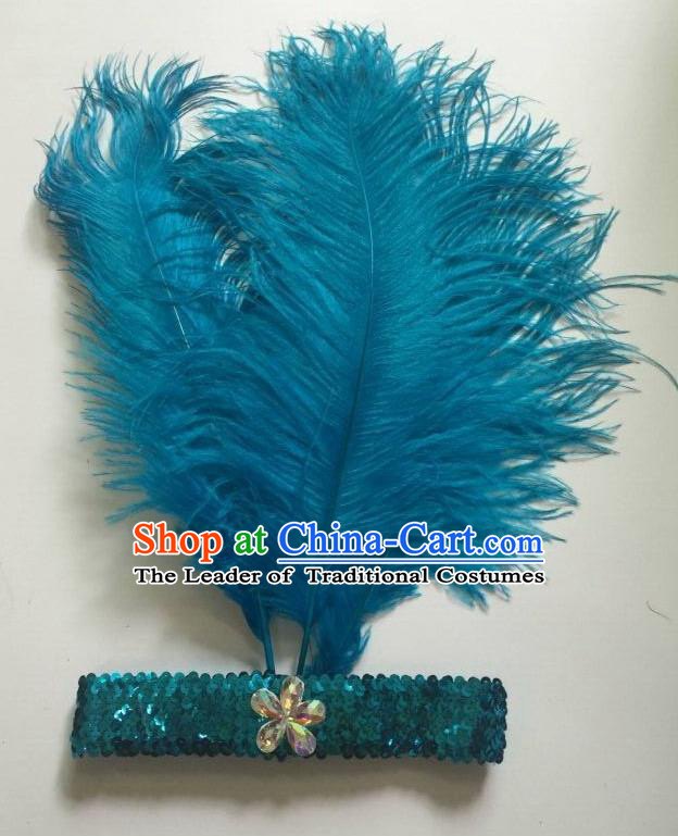 Top Grade Professional Stage Show Halloween Parade Blue Ostrich Feather Hair Accessories, Brazilian Rio Carnival Samba Dance Modern Fancywork Headwear for Women
