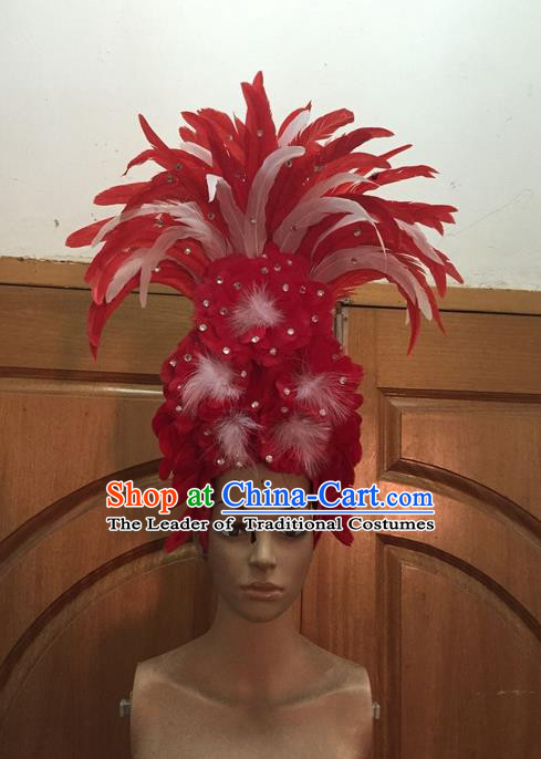 Top Grade Professional Stage Show Halloween Parade Red Ostrich Feather Big Hair Accessories, Brazilian Rio Carnival Samba Dance Modern Fancywork Hat Headwear for Women