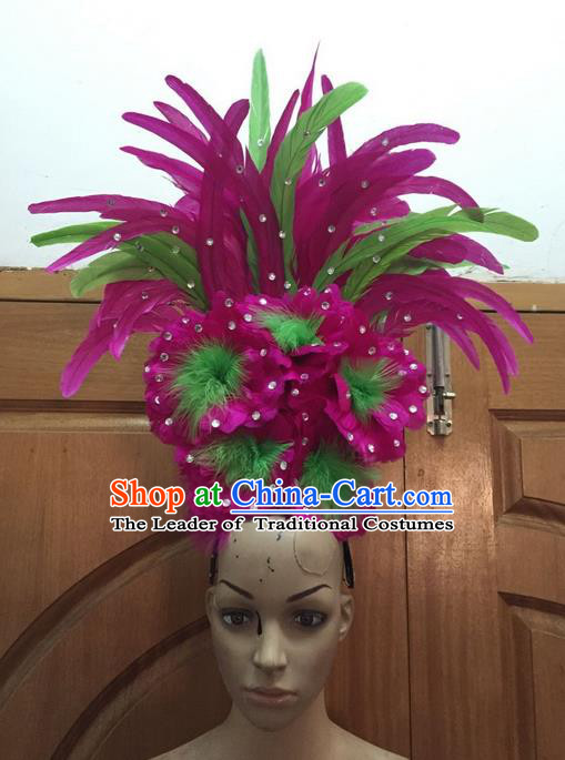 Top Grade Professional Stage Show Halloween Parade Rosy Feather Big Hair Accessories, Brazilian Rio Carnival Samba Dance Modern Fancywork Flowers Headdress for Women