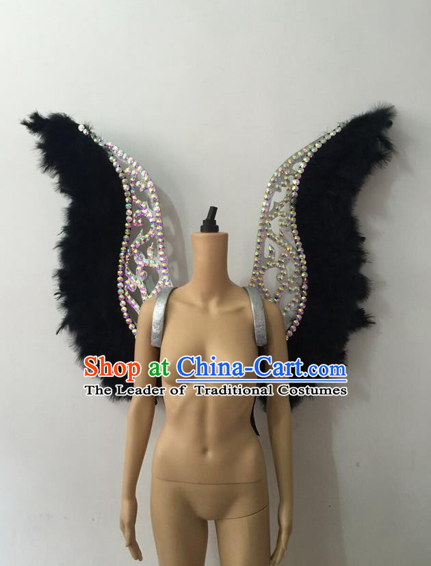 Top Grade Professional Stage Show Halloween Parade Black Feather Backplane, Brazilian Rio Carnival Samba Dance Modern Fancywork Golden Wings Props Decorations for Women