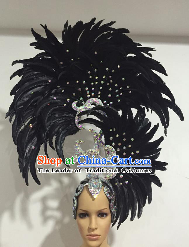 Top Grade Professional Stage Show Halloween Parade Big Hair Accessories, Brazilian Rio Carnival Samba Dance Modern Fancywork Black Feather Giant Headpiece for Kids