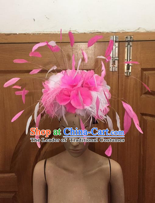 Top Grade Professional Stage Show Halloween Parade Hair Accessories, Brazilian Rio Carnival Samba Dance Modern Fancywork Pink Feather Giant Headwear for Women