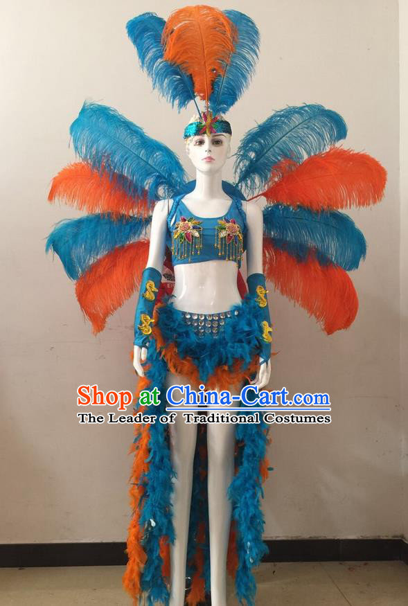 Top Grade Professional Performance Catwalks Blue Feather Bikini and Headwear Wings, Brazilian Rio Carnival Samba Opening Dance Swimsuit Clothing for Women