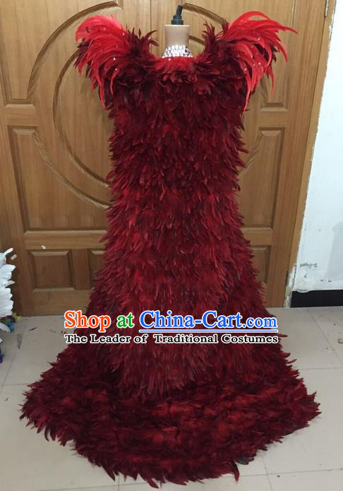 Top Compere Performance Catwalks Costume Children Chorus Red Dress with Wings Modern Dance Princess Short Red Bubble Dress for Girls Kids