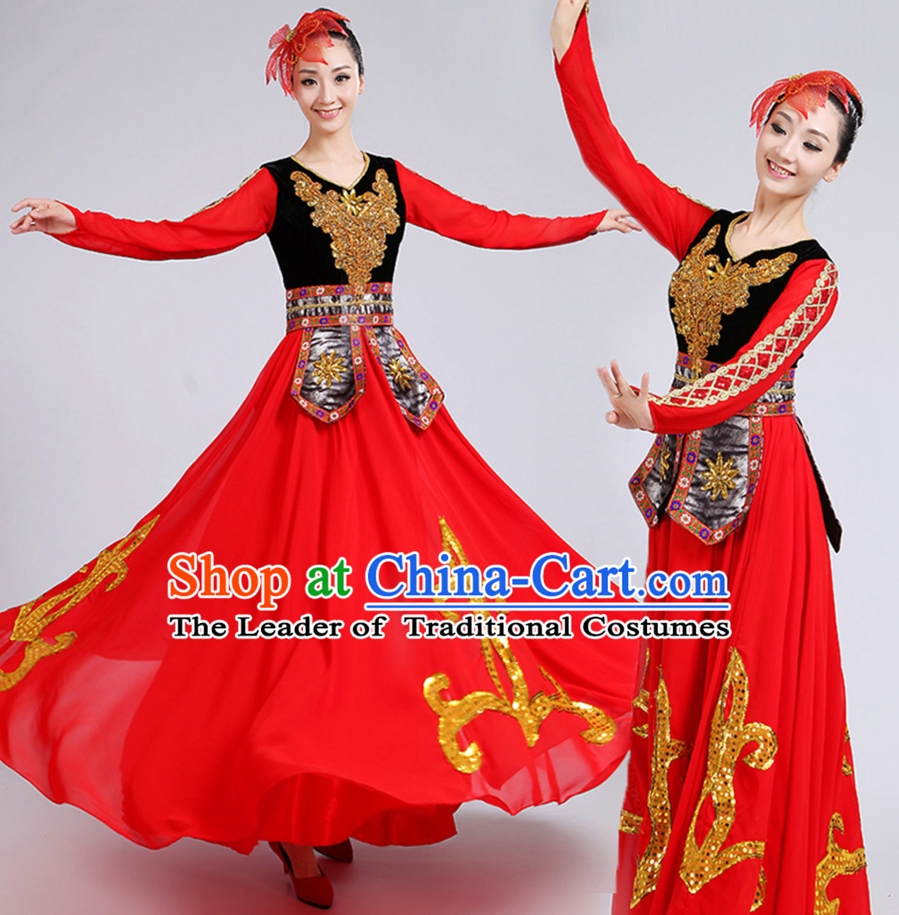 Red Traditional Xinjiang Folk Dance Costumes Chinese Minority Ethnic Stage Dance Dresses for Adults