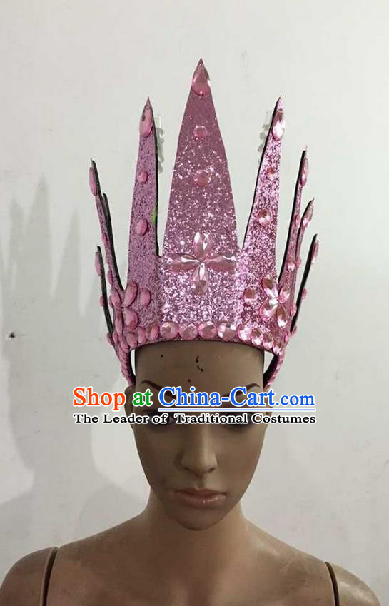 Top Grade Professional Performance Catwalks Hair Accessories, Brazilian Rio Carnival Parade Samba Dance Pink Crystal Crown Headwear for Women