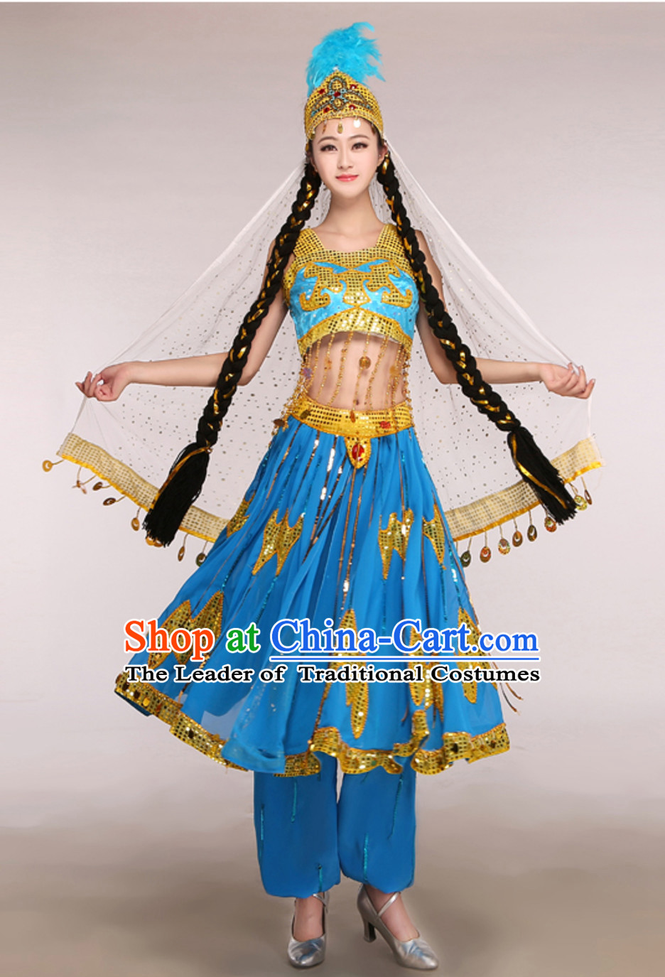 Blue Traditional Xinjiang Folk Dance Costumes for Adults Chinese Minority Ethnic Dance Outfits