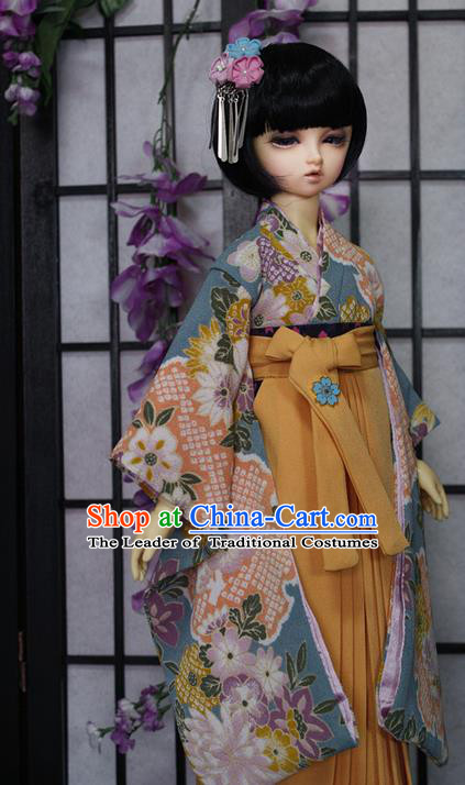 Top Grade Traditional Japan Kimono Costumes Complete Set, Ancient Japanese Kimono Cosplay Blue Clothing for Adults and Kids