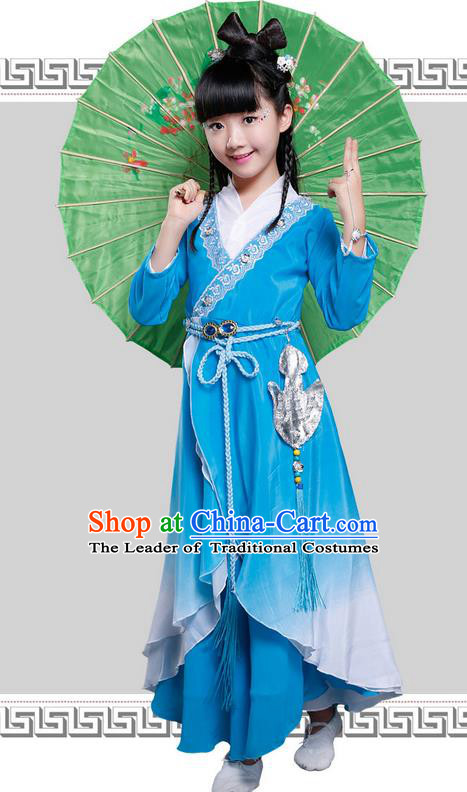Top Grade Chinese Ancient Princess Costume, Children Peri Elegant Hanfu Dress Blue Clothing for Kids