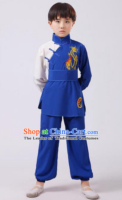 Top Grade Chinese Ancient Martial Arts Costume, Children Taiji Kung fu Blue Clothing for Kids