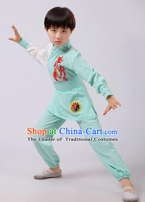 Top Grade Chinese Ancient Martial Arts Costume, Children Taiji Kung fu Green Clothing for Kids