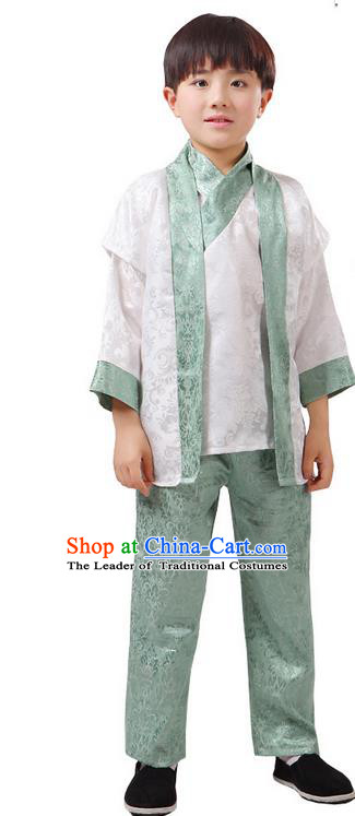 Top Grade Chinese Ancient Martial Arts Green Uniform Costume, Children Taiji Kung fu Blue Hanfu Clothing for Kids