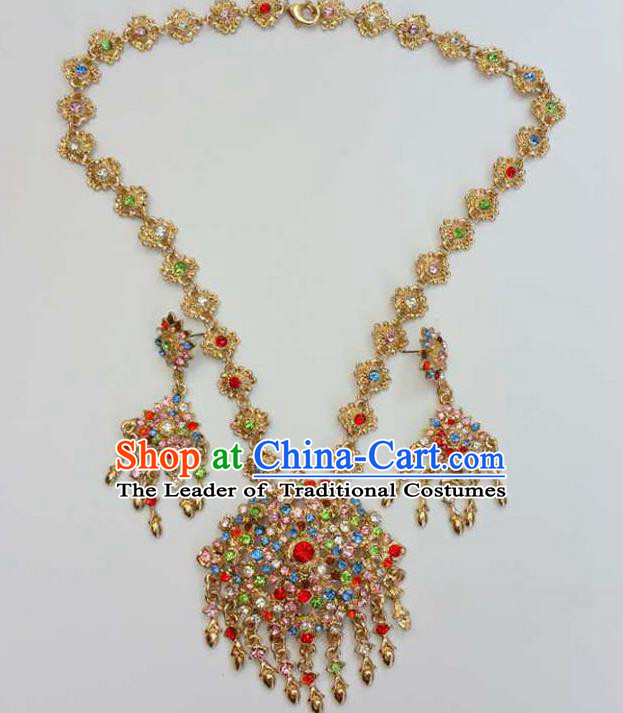 Traditional Thailand Ancient Handmade Golden Accessories Necklace, Traditional Thai China Dai Nationality Crystal Torque for Women