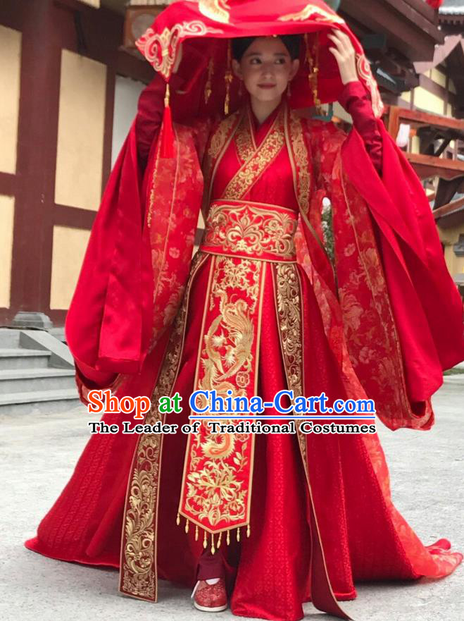 Traditional Ancient Chinese Northern and Southern Dynasties Wedding Costume, The Entangled Life of Qingluo Princess Hanfu Wedding Dress Clothing and Headpiece Complete Set