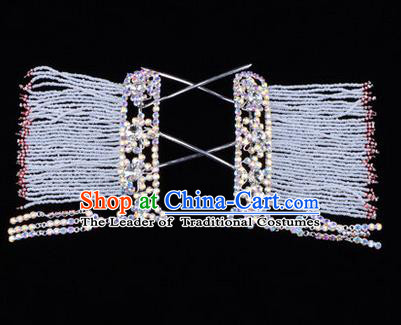 Chinese Ancient Peking Opera Head Accessories Young Lady Diva White Crystal Tassel Hairpins Temples Curtain, Traditional Chinese Beijing Opera Hua Tan Hair Clasp Head-ornaments