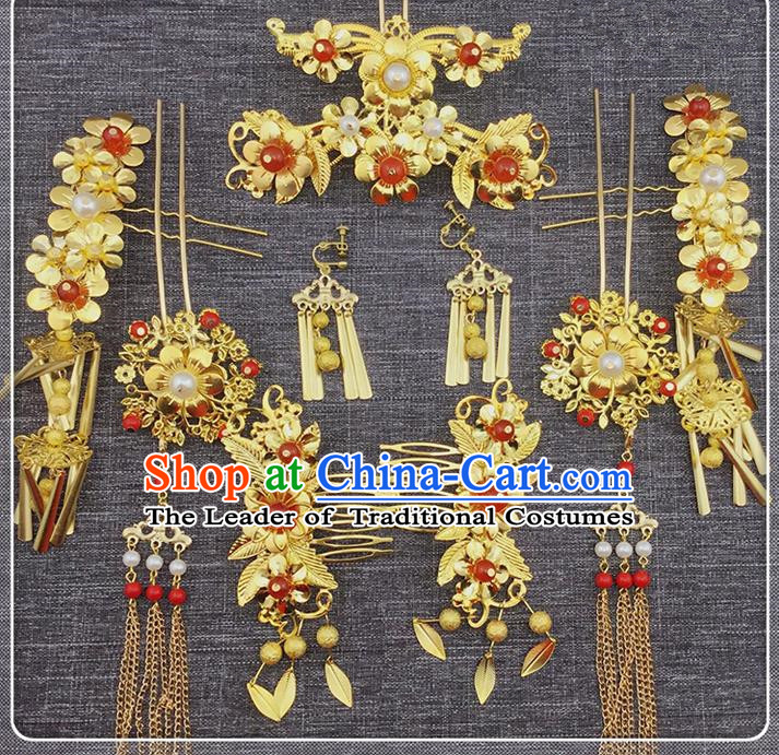 Top Grade Chinese Handmade Wedding Hair Accessories, Traditional China Xiuhe Suit Phoenix Coronet Bride Tassel Hairpins Complete Set for Women