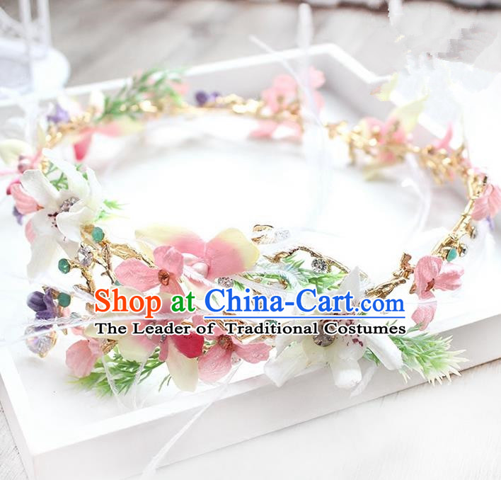 Top Grade Handmade Wedding Bride Hair Accessories Feather Pink Flower Hair Clasp, Traditional Princess Baroque Headband Headpiece for Women
