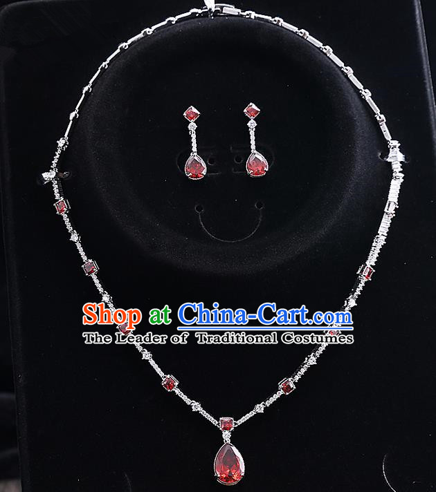 Top Grade Handmade China Wedding Bride Accessories Red Zircon Necklace and Earrings, Traditional Princess Crystal Wedding Eardrop Jewelry for Women
