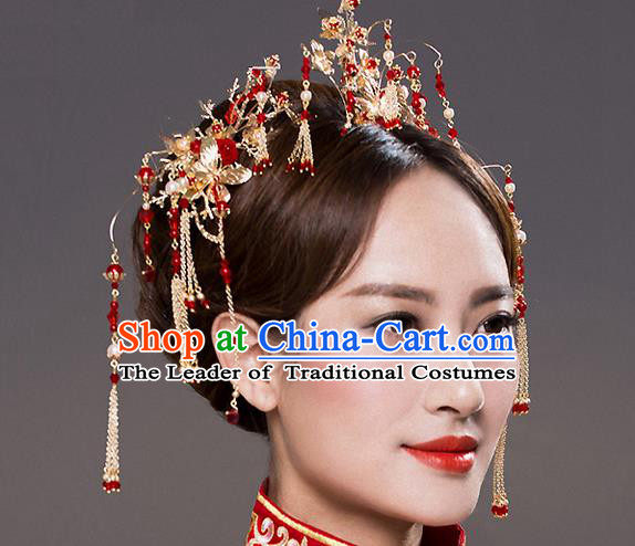Top Grade Chinese Handmade Wedding Red Beads Hair Accessories Hair Comb, Traditional China Xiuhe Suit Bride Tassel Headdress Hairpins Complete Set for Women