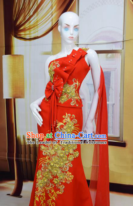 Traditional Traditional Thailand Female Clothing, Southeast Asia Thai Ancient Costumes Dai Nationality Red Wedding Bride Sari Dress for Women