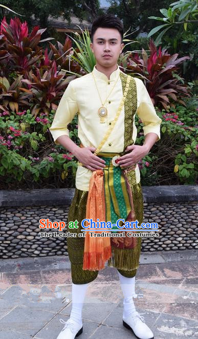 Traditional Traditional Thailand Male Clothing, Southeast Asia Thai Ancient Costumes Dai Nationality Shirt and Pants for Men