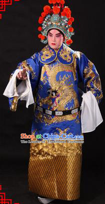 Traditional Chinese Beijing Opera Emperor Clothing and Headwear Complete Set, China Peking Opera His Royal Highness Embroidered Dragon Robe Blue Opera Costumes