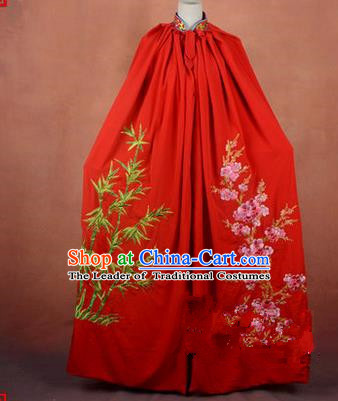 Traditional Chinese Beijing Opera Shaoxing Opera Young Lady Clothing Red Cloak, China Peking Opera Diva Role Hua Tan Costume Embroidered Plum Blossoms Orchid Bamboo and Chrysanthemum Mantle