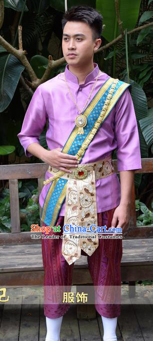 Traditional Traditional Thailand Male Clothing, Southeast Asia Thai Ancient Costumes Dai Nationality Purple Shirt and Pants for Men