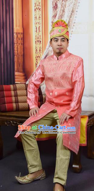 Traditional Traditional Thailand Male Clothing, Southeast Asia Thai Ancient Costumes Dai Nationality Pink Long Robe Dust Coat for Men