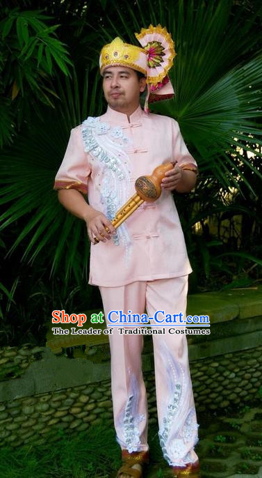 Traditional Traditional Thailand Male Clothing, Southeast Asia Thai Ancient Costumes Dai Nationality Pink Shirt and Pants Complete Set for Men
