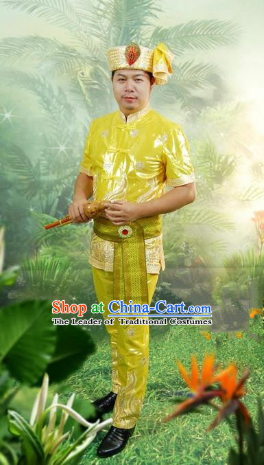 Traditional Traditional Thailand Male Clothing, Southeast Asia Thai Ancient Costumes Dai Nationality Embroidery Green Shirt and Pants Complete Set for Men