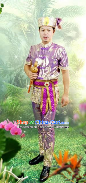 Traditional Traditional Thailand Male Clothing, Southeast Asia Thai Ancient Costumes Dai Nationality Purple Shirt and Pants Complete Set for Men