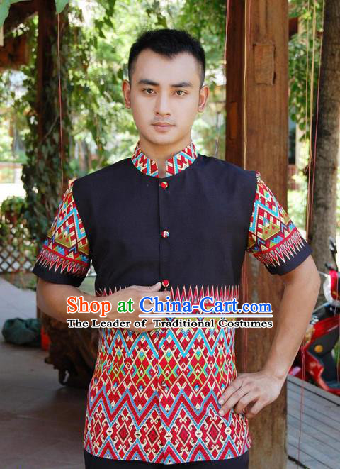 Traditional Traditional Thailand Male Clothing, Southeast Asia Thai Ancient Costumes Dai Nationality Printing Red Shirt for Men
