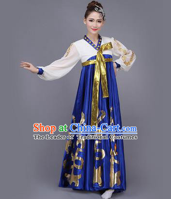 Traditional Korean Nationality Dance Costume, Chinese Minority Nationality Embroidery Hanbok Blue Big Swing Dress for Women