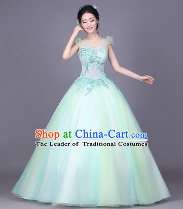 Traditional Chinese Modern Dance Compere Performance Costume, China Opening Dance Chorus Bride Wedding Full Dress, Classical Dance Big Swing Blue Dress for Women