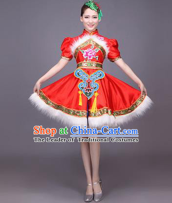 Traditional Chinese Yangge Fan Dancing Costume, Folk Dance Yangko Uniform Drum Dance Red Dress for Women