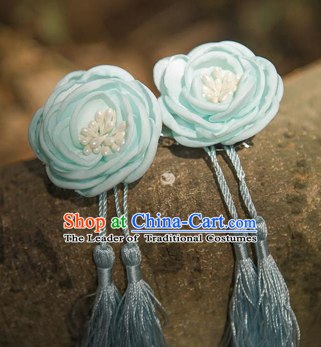 Traditional Chinese Ancient Wedding Hair Accessories, China Hanfu Blue Flowers Tassel Hairpins for Women