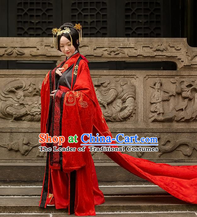 Traditional Chinese Han Dynasty Palace Empress Wedding Costume Complete Set, Elegant Hanfu Clothing Bride Embroidered Dress, Chinese Ancient Queen Clothing for Women