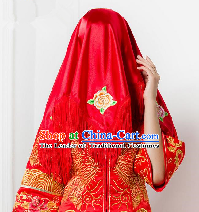 Traditional Chinese Wedding Costume Xiuhe Red Veil, Ancient Chinese Bride Embroidered Red Head Cover for Women