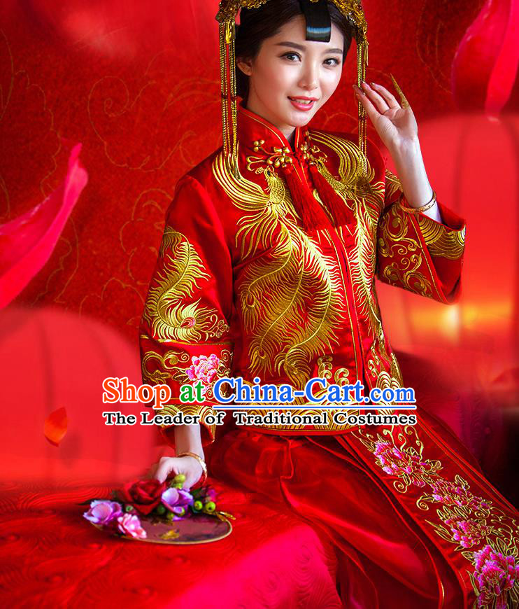 Traditional Chinese Wedding Costume Xiuhe Wedding Red Clothing Longfeng Flown, Ancient Chinese Bride Toast Embroidered Dragon and Phoenix Dress for Women