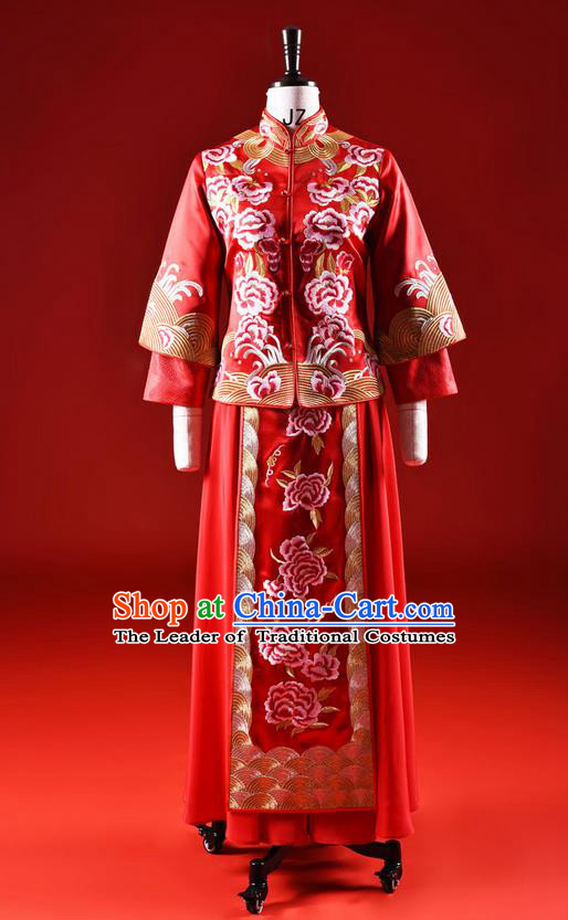 Traditional Chinese Wedding Costume XiuHe Suit Clothing Dragon and Phoenix Wedding Red Full Dress, Ancient Chinese Bride Hand Embroidered Peony Cheongsam Dress for Women