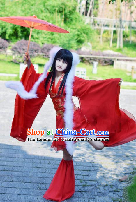 Traditional Chinese Cartoon Peri Costume, Chinese Ancient Hanfu Young Lady Red Dress Clothing for Women