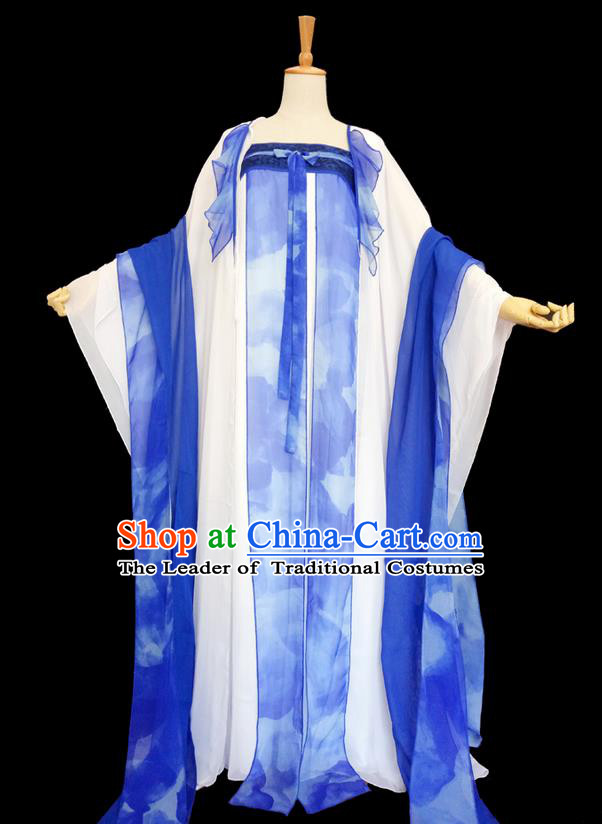 Traditional Chinese Cosplay Imperial Consort Costume, Chinese Ancient Printing Hanfu Tang Dynasty Princess Blue Dress Clothing for Women