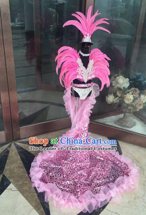 Top Grade Compere Professional Performance Catwalks Costume, Traditional Brazilian Samba Dance Rio Carnival Props Pink Feather Modern Dance Fancywork Trailing Swimsuit Clothing for Kids