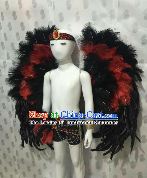 Top Compere Performance Catwalks Costume Children Chorus Red Dress with Wings Modern Dance Princess Short Red Bubble Dress for Girls Kids